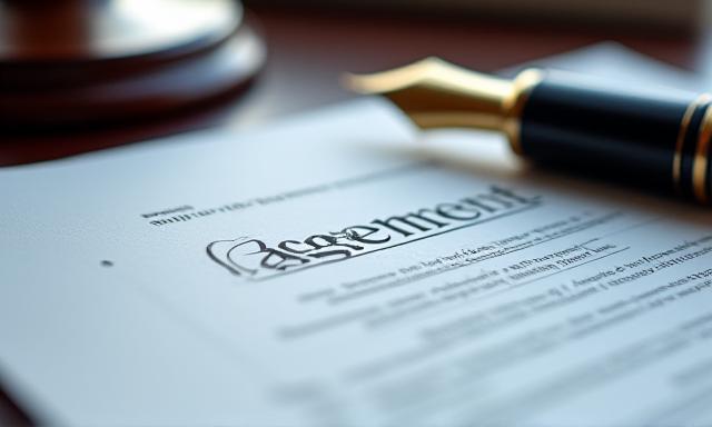 Close-up of a signed commercial contract on a mahogany desk