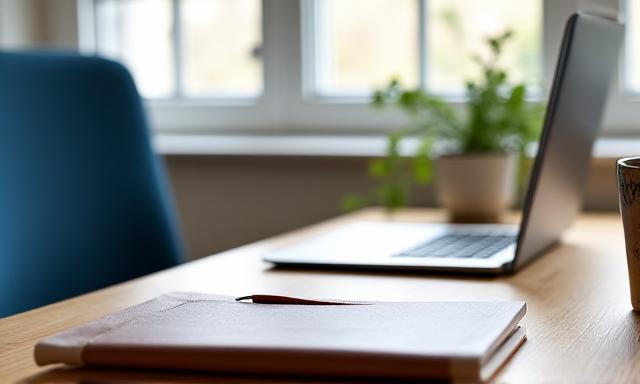 Modern home office setup in London showing a laptop and professional notebook