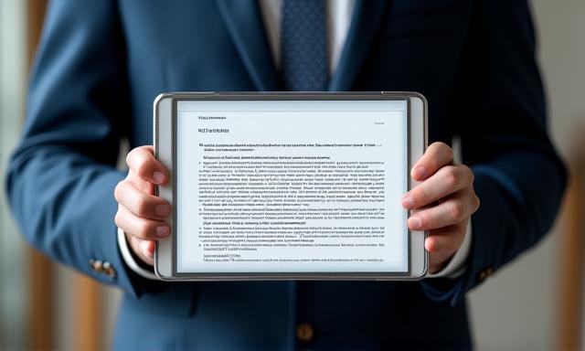 A digital tablet displaying complex legal terms and conditions
