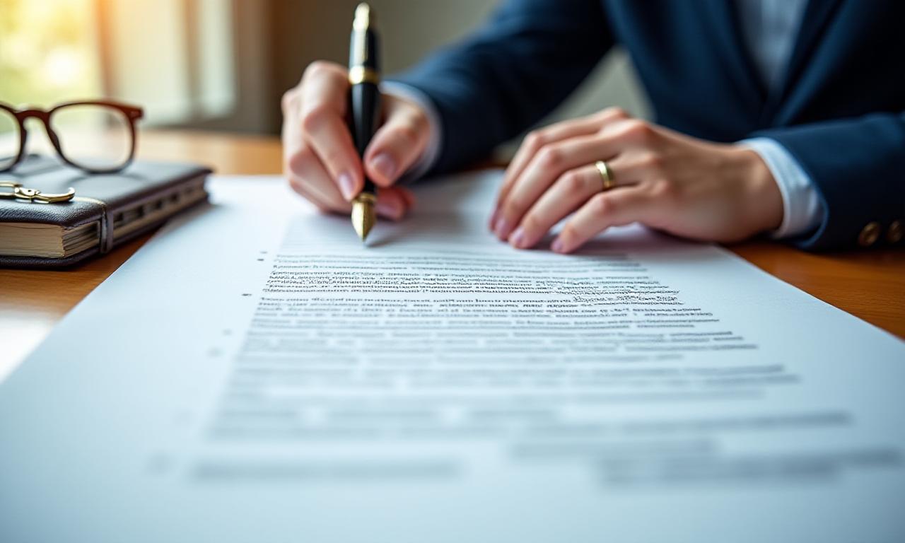A legal professional reviewing a commercial contract with a fountain pen and modern tablet