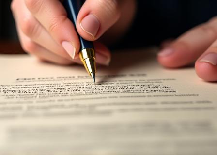 A legal professional reviewing a document with highlighting and notes