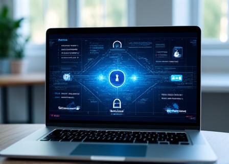 Secure laptop setup with encrypted data visualization icons