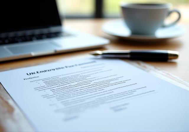 Close up of a legal contract and a laptop in a bright home office setting